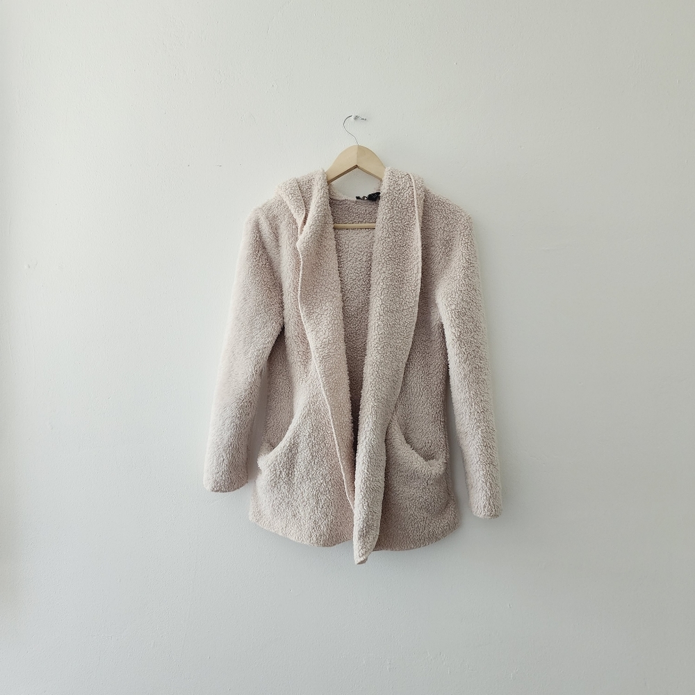F21 | Cream Colored Open Front Teddy Sweater with Pockets & Hood